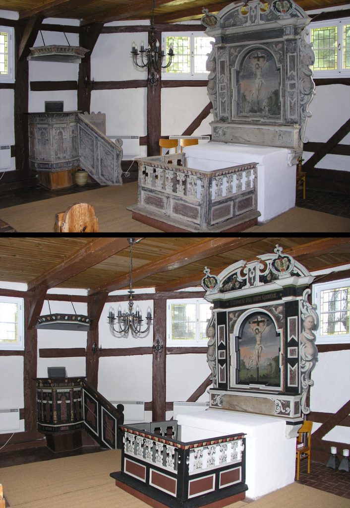 Dorfkirche Gallin, Barock-Altar und Kanzel. Oben: Vorzustand. Unten: Endzustand.