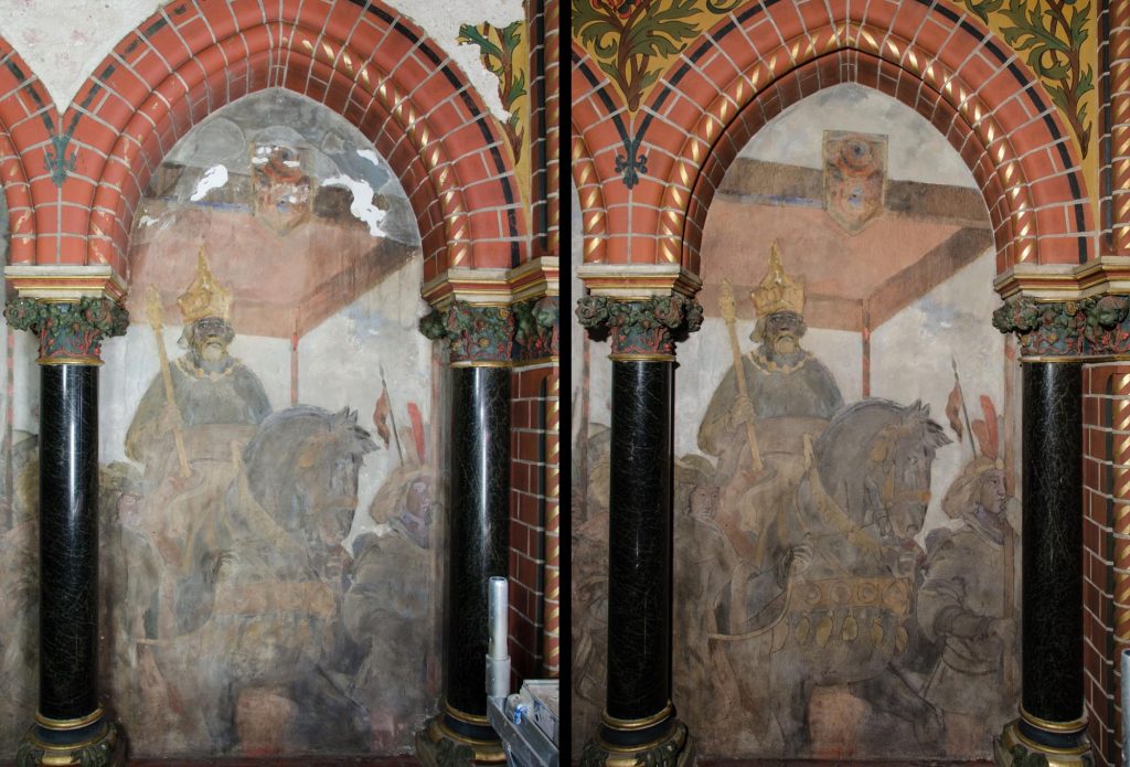 Rathaus Lübeck, Blendenmalerei im Bürgerschaftssaal. Links: Vorzustand. Rechts: Endzustand.