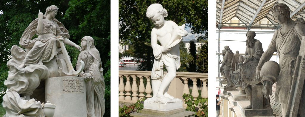 Steinrestaurierung. Links: "Die Hoffnung tröstet die Trauer", Schlosspark Hohenzieritz. Mitte: Marmorfigur von C. Genschow, Schloss Schwerin. Rechts: Attika-Figuren, Schloss Ludwigslust.