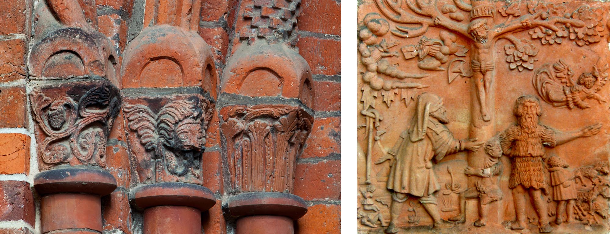 Terrakottarestaurierung. Links: Romanische Kapitellköpfe, Stadtkirche Gadebusch. Rechts: Terrakottatafel aus dem 16. Jh. von Stratius von Düren, Rathaus Gadebusch.