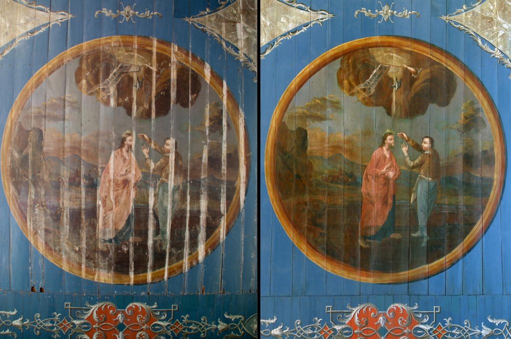 Detail der mittelalterlichen Deckenmalerei. Links: Vorzustand. Rechts: Endzustand.