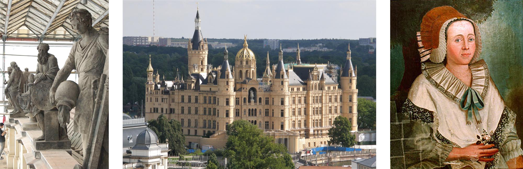 Links: Attikafiguren des Ludwigsluster Schlosses. Mitte: Schweriner Schloss. Rechts: Portrait, Ölgemälde